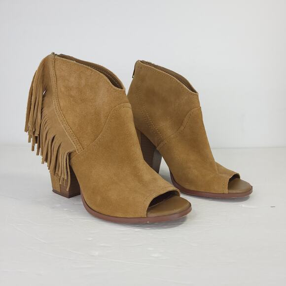 Gianni Bini Renny Fringe Peep Toe Tan Suede Leather Block Heel Ankle Bootie Sz 9 - Picture 1 of 11